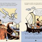Zwei Seiten mit Text über Odysseus und seine Rückkehr nach Ithaka. Illustrationen zeigen Schiffe und eine Karte.