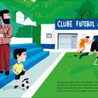 „CLUBE FUTEBOL ANDORINHA“ auf Gebäude. Illustration: Ein Junge mit Fußball, ein Mann mit Besen, Fußballspiel im Hintergrund.