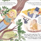Ein Mädchen liest in den Ästen eines Baumes ein Buch. Daneben sind Illustrationen von Dr. Dolittle, Tieren und Tarzan.