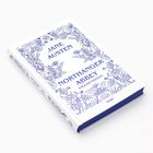 Buchcover mit Texten: JANE AUSTEN, NORTHANGER ABBEY, ENGLISH EDITION, umrahmt von blauen Blumenzeichnungen.
