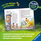 "Auf zur wilden Kofferjagd!", "Die Jagd nach dem magischen Detektivkoffer." Illustration mit Kindern, Hund und gelbem Huhn.