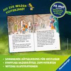 „Auf zur wilden Kofferjagd!“ gefolgt von einer Abbildung eines geöffneten Buches, umgeben von einer Gruppe von Menschen. Darunter steht: „Spannende Rätselkrimis für Erstleser“.
