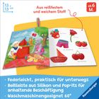 Reißfest und weich, ab 6 Monaten. Buch mit Illustrationen wie Eimer, Rose, Erdbeeren, Badehose, Boot, Kirschen.