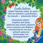 Es ist eine farbenfrohe Illustration mit einem Mädchen, Blumen, Blättern und einem blauen Vogel. Text: Dialog über "botanische Stille."