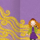 Illustration: Mädchen mit Mikrofon, singend, auf lila Hintergrund mit goldenen, funkelnden Locken umgeben.