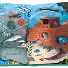 Beim alten Schiffswrack ist viel los. Illustration von einem bunten Unterwasser-Szenario mit Delfinen, Fischen und Korallen.