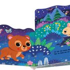 Ein kindgerechtes Buch mit Illustrationen eines Bären, eines Hasen und Tieren im Wald bei Nacht.