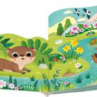 Text: "Ich bin der kleine Otter. Hier am Fluss bin ich zu Hause." Illustration eines Otters am Fluss mit Blumen.