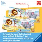 "Mit Fühlteilen", "ab 18 M.", "19 x 19 cm", interaktives Kinderbuch, Löwe und Elefant, humorvolle Reime, Sprachförderung.