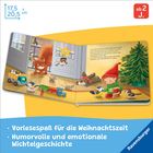 Ein aufgeklapptes Kinderbuch zeigt ein Wichtelkind mit Tieren und Spielzeug in einer weihnachtlichen Szene.