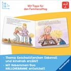 „Mit Tipps für den Familienalltag“ steht oben in Rot. Aufgeklapptes Kinderbuch zeigt eine schwangere Frau mit Kindern.