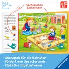 Text: "Sache suchen, Sache finden", "ab 12 M.", "Suchspaß für die Kleinsten", "Fördert den Spracherwerb", "Plakative Illustrationen".

Illustration: Kinder spielen mit Katzen im Garten.