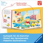 Texte: "Sache suchen, Sache finden", "ab 12 M.", "Suchspaß für die Kleinsten", "Fördert den Spracherwerb", "Plakative Illustrationen". Eine Illustration zeigt ein Kind im Spielzimmer mit Spielzeug.