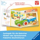 "Suche suchen, Sache finden". Illustration eines Bauernhofs mit Tieren, Traktor und einem Buch mit Kind und Tieren.