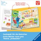 Ein Buch mit einer Szene vom Einkaufen. Personen auf Fahrrädern, ein Verkaufsstand mit Gemüse und eine kleine Katze.