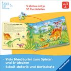 "5 Motive mit je 12 Puzzleteilen" und "Viele Dinosaurier zum Spielen und Entdecken". Illustration mit Dinosauriern.