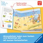„Sache suchen, Sache finden“, „ab 2 J.“. Illustration: Kinder am Strand, Sandburgen, Spielzeug, Meer im Hintergrund.