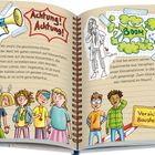 Texte: "Achtung! Achtung!", "Boom", "Vorsicht Baustelle". Illustration mit Schülern und einem gezeichneten Lehrer.