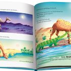 "Das Kamel stapfte langsam durch die Wüste ... Dort traf es ein gefräßiges Krokodil." Illustrationen von Kamel und Krokodil.