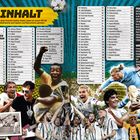 Inhalt mit Fußball-Rekorden, Spieler- und Vereinsnamen. Unten freuen sich Menschen, spielen Gitarre und posieren mit Trophäen.