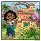 Eine fröhliche Figur mit Brille, umgeben von Schmetterlingen vor einem bunten Gebäude und Regenbogen.