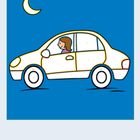 Nummern in Feldern und Farbstifte. Eine Illustration zeigt ein Auto mit einer Frau bei Nacht unter einem Halbmond.