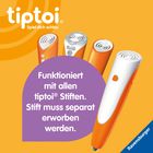 Text: "Funktioniert mit allen tiptoi® Stiften. Stift muss separat erworben werden." Oben sind vier orange-weiße Stifte.