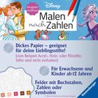 "Kreativität und Entspannung. Malen nach Zahlen. Dickes Papier – geeignet für deine Lieblingsstifte! Für Erwachsene und Kinder ab 12 Jahren." 

Illustration von Disney-Figuren und Malen-nach-Zahlen-Vorlage.