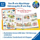 "Von A wie Abschleppfahrzeug bis Z wie Zug", "Mit großem Abc-Poster", "Buchstaben lernen UND über 150 Fahrzeuge entdecken". Bunte Kinderbuchseiten und ein Ravensburger-Logo.