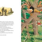 Links: Text über Tiere, die in einem Wald übernachten. Rechts: Illustration mit Hahn im Baum, Esel und Hund schauen hoch.