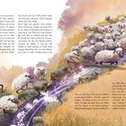 Text beschreibt einen Schäfer, der seine Herde über einen Bach führt. Illustration zeigt Schafe, Bach und zwei Hunde.