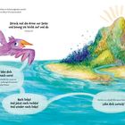 Textpassagen: „Streck mal die Arme zur Seite...“, „Jetzt lehn dich etwas nach vorn!“, „Nach links!“, „Lehn dich zurück!“. Illustration zeigt einen lila Vogel über dem Meer und eine Insel mit Palmen.