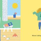 Links: "Aufstehen! Die Sonne scheint." Kind im Bett, Spielzeugauto, Buch. Rechts: "Meinen Lieblingspulli anziehen." Kind zieht Dino-Pulli an.