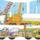 Illustration von Windradbau: Arbeiter, LKWs und Kräne in Aktion, Windräder im Hintergrund, Menschen beobachten.