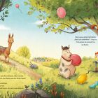Text: Ein Lama und Tiere beschäftigen sich mit Luftballons unter einem Baum. Fröhliche, farbenfrohe Landschaft mit Ballons.