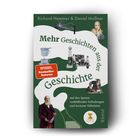 Buchtitel: "Mehr Geschichten aus der Geschichte". Mit Illustrationen von Erfindungen und historischen Figuren auf grünem Hintergrund.