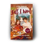 Text: „LYRA PARISH, Fall I Want, ROMAN, Cozy Creek Collection, vorläufiges Cover, everlove.“  
Illustration: Ein Paar im herbstlichen Café.