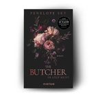 "THE BUTCHER ER LÜGT NICHT" - Roman von Penelope Sky. Buchtitel auf schwarzem Hintergrund mit Blumen.