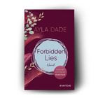 Text: "Ayla Dade", "Forbidden Lies", "Novel", "English Edition by everlove", "everlove". Dunkler Hintergrund, elegante Federn und Blätter.