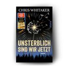 "Unsterblich sind wir jetzt" von Chris Whitaker, Roman. Illustration: Pusteblume explodiert wie ein Feuerwerk über Bäumen.