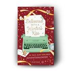 "Delivered with a Winter's Kiss", "24 Tage zum Verlieben Adventskalender". Illustration mit Schreibmaschine, Schleifen.