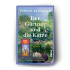 „THOMAS SCHLESSER Der Gärtner und die Katze ROMAN“. Cover zeigt einen Mann im Garten, Impressionismus-Stil.