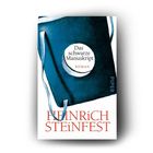 Text: "Das schwarze Manuskript", "Roman", "Heinrich Steinfest", "PIPER". Illustration eines blauen Notizbuches mit einem Band.