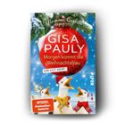 „GISA PAULY: Morgen kommt die Weihnachtsfrau, ein Sylt-Krimi.“ Drei Möwen mit Weihnachtsschmuck vor Schneelandschaft.