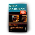 "STEN NADOLNY. SPIEGEL Bestseller-Autor. Herbstgeschichte. Roman. PIPER."   
Ein stilisiertes Zugfenster mit Figuren.