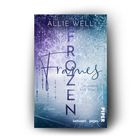 „FROZEN FRAMES“ in großen Lettern, darunter „FUNKEN AUF DEM EIS“, „ALLIE WELL“. Hintergrund in kühlen Blau- und Lilatönen.