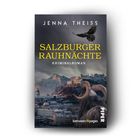 Oben "Jenna Theiss", darunter "Salzburger Rauhnächte: Kriminalroman." Stadtbild mit Burg, Bergen, Rabe und Ziegenkopf.