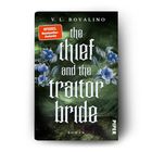 Text: "the thief and the traitor bride". Dunkle Pflanzen mit blauen Blumen im Hintergrund.