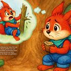 Ein Eichhörnchen, das ängstlich wirkt, denkt an den Sturz von einem Baum. Trägt blaue Latzhose, sitzt in rustikaler Umgebung.