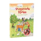 Buchtitel: "Ponystarke Ferien - Unverhofftes Ponyglück". Kinder spielen mit zwei Ponys auf einer Wiese mit Apfelbaum.